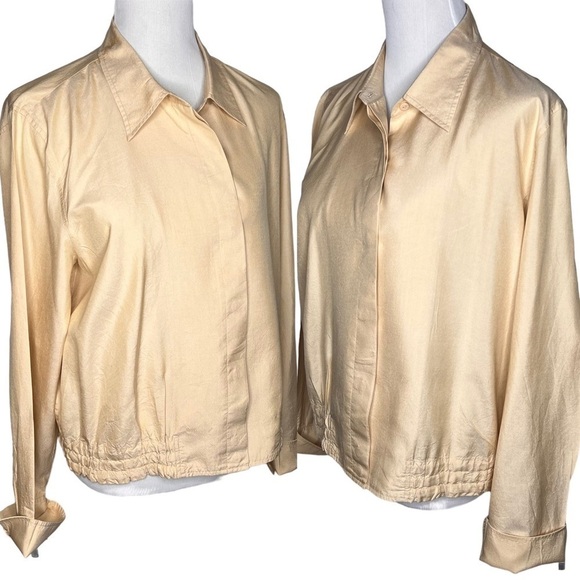 Y2K Neiman Marcus Silk Blend Jacket Yellow Size 16 XL Ribbed Hem Button Placket - Picture 3 of 13